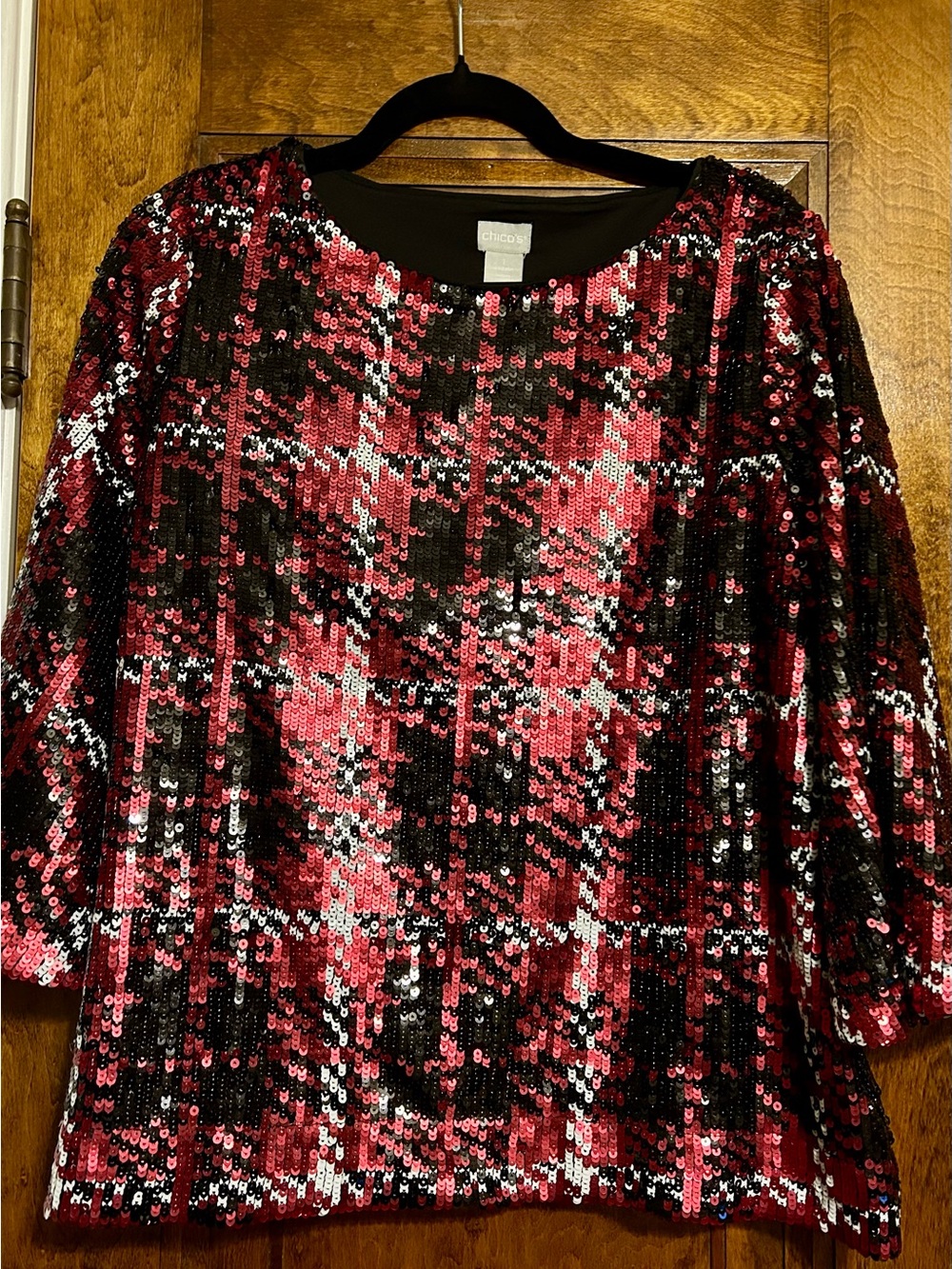 Chico's Red, Black & White Sequin Plaid Top